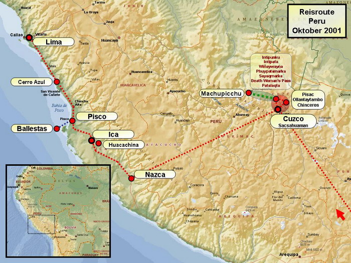 Reisroute / Kaart Samen met een vriend trok ik in 2001 6 weken door Bolivia en Peru. In Peru deden we de 4-daagse Inca-trail naar Machu Picchu en bezochten we alle belangrijke inca en pre-inca sites en de grote steden met vele koloniale gebouwen. (Cuzco, Sacsaywaman, Pisac, Nazca, Lima, ...). Het was een boeiende kennismaking met de inca cultuur. Stefan Cruysberghs